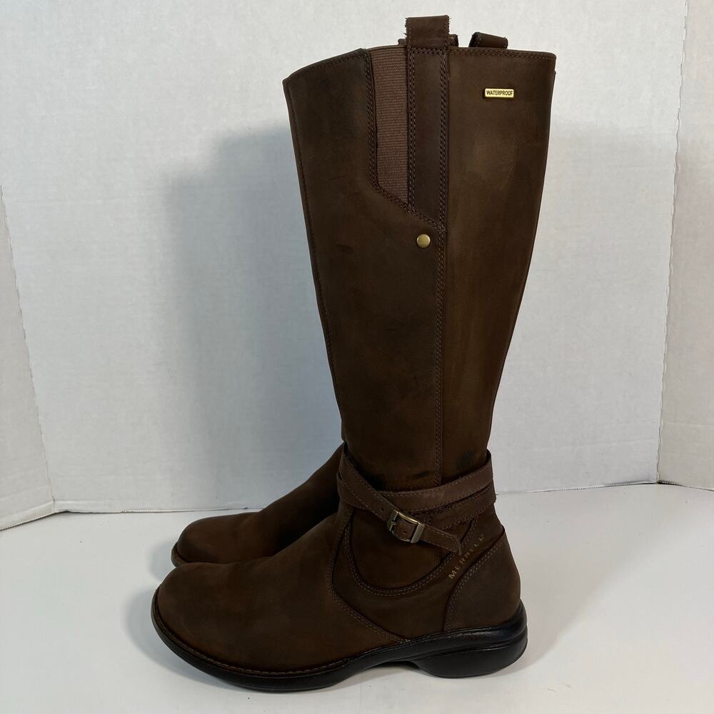 Merrell 7.5 Tall Tetra Strap Distressed Brown Leather Waterproof Riding Boots